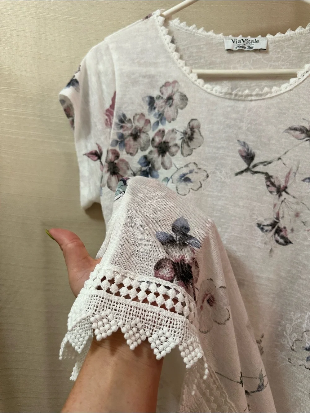 ViaVitale Floral Crochet Hem Top White Italian Viscose Boho Cottagecore M - Picture 2 of 7